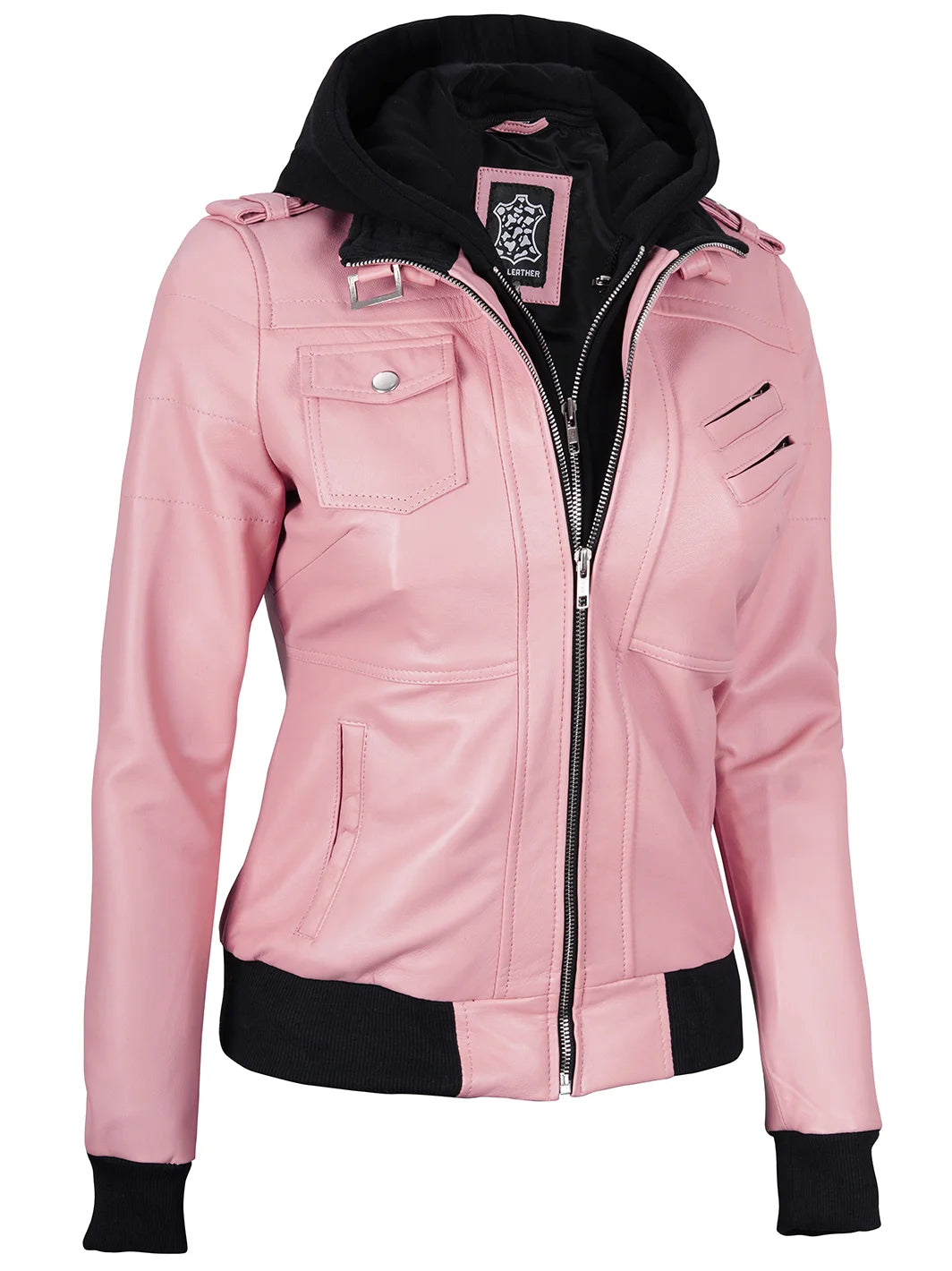 Pink hooded leather bomber jacket