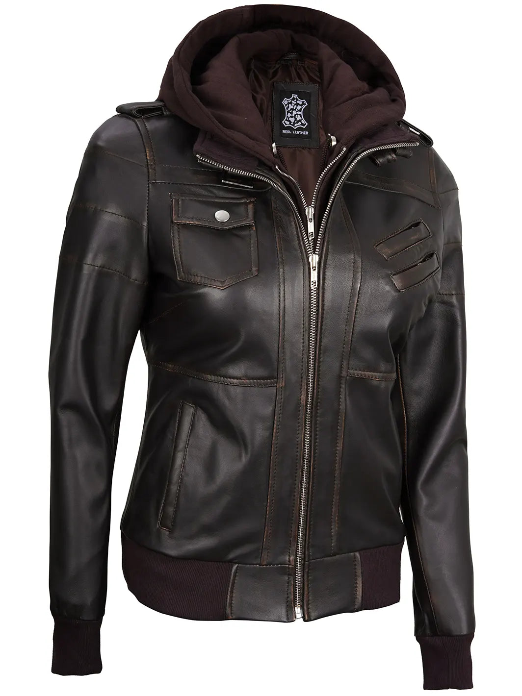 Rub off brown leather bomber jacket