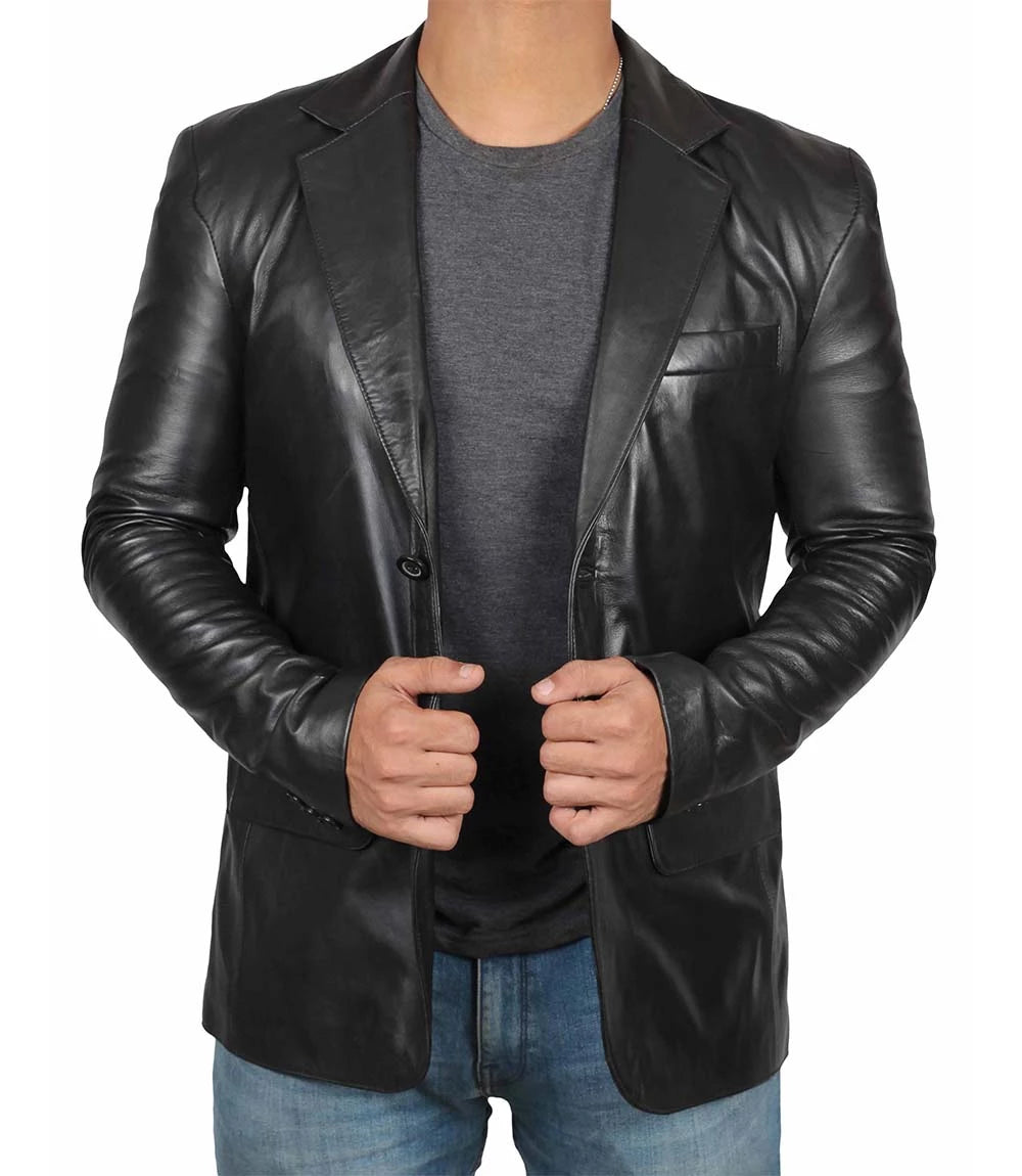 Tall Men's Black Leather Blazer