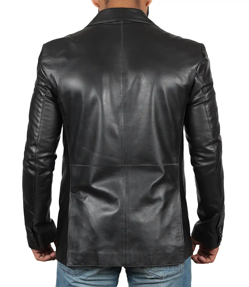 Tall Men's Black Real Leather Blazer