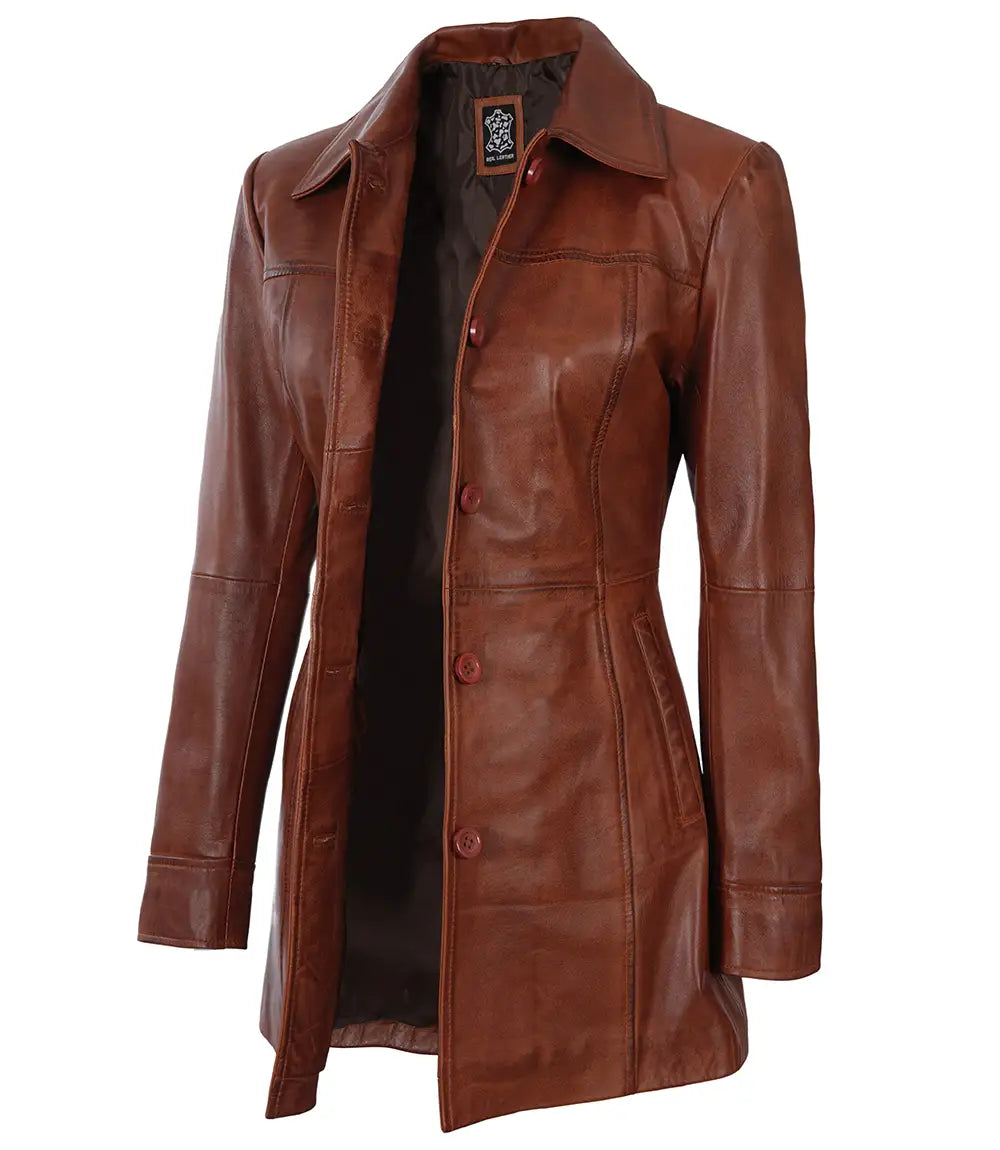 Tall Women's Cognac Leather Car Coat