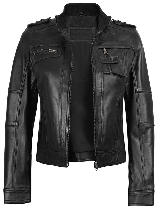 Tavares Womens Black Cafe Racer Leather Jacket