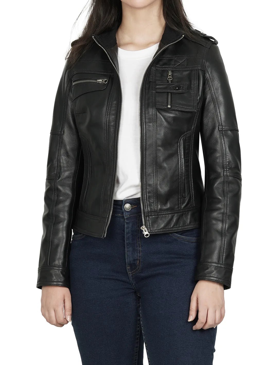 Tavares Womens Black Cafe Racer Real Leather Jacket