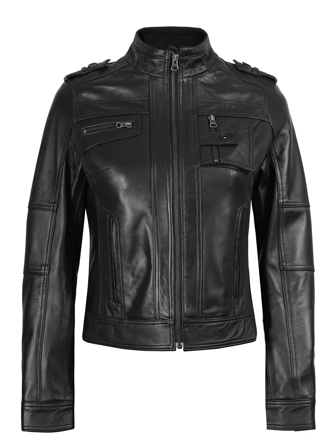 Tavares Womens Black Cafe Racer Real Leather Jackets