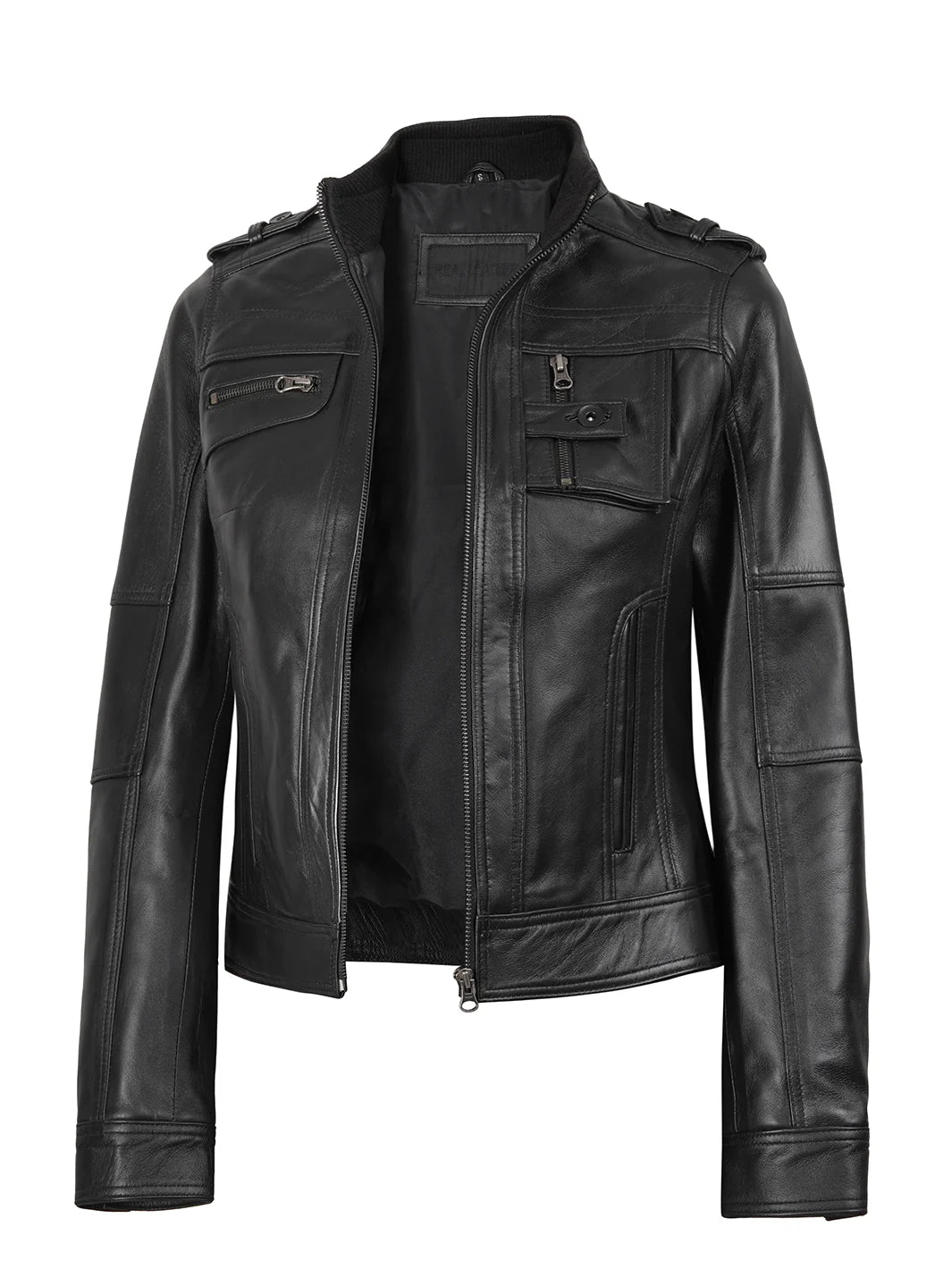Tavares Womens Black Cafe Racer Real Leather Jacketss