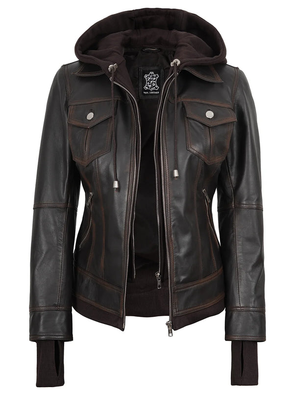 Women Brown Bomber Leather Jacket With Removable Hood