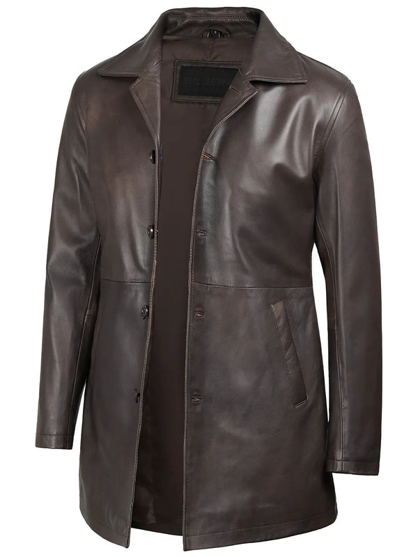 Winchester Men's Distressed Dark Brown Leather Car Coat
