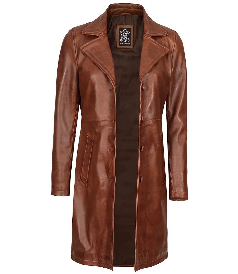 Women cognac real leather coat