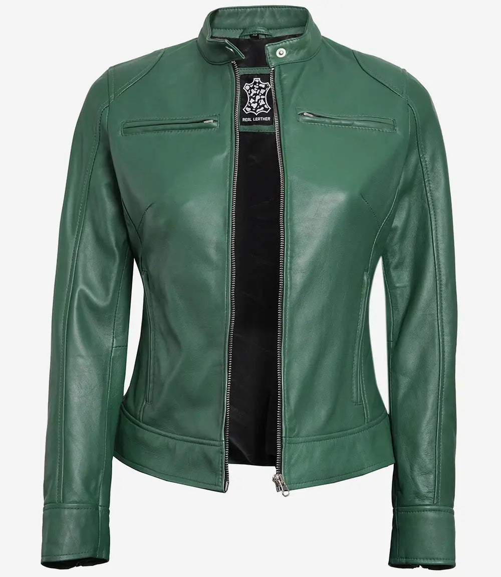 Women green cafe racer leather jacket