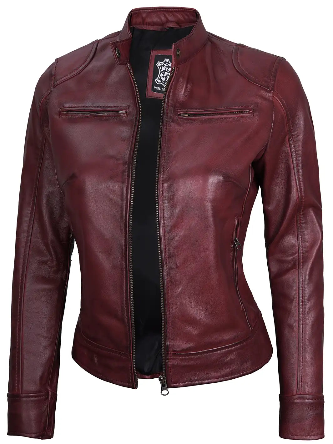 Womens Maroon Cafe Racer Leather Jacket