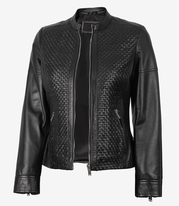 Women's Black Leather Cafe Racer Textured Jacket
