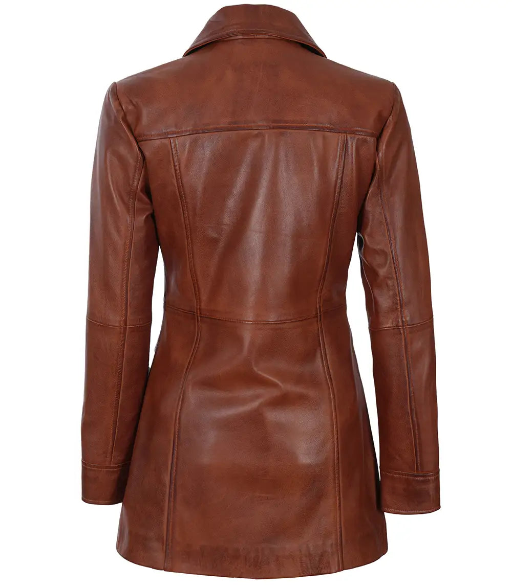 Women's Cognac Leather Car Coat