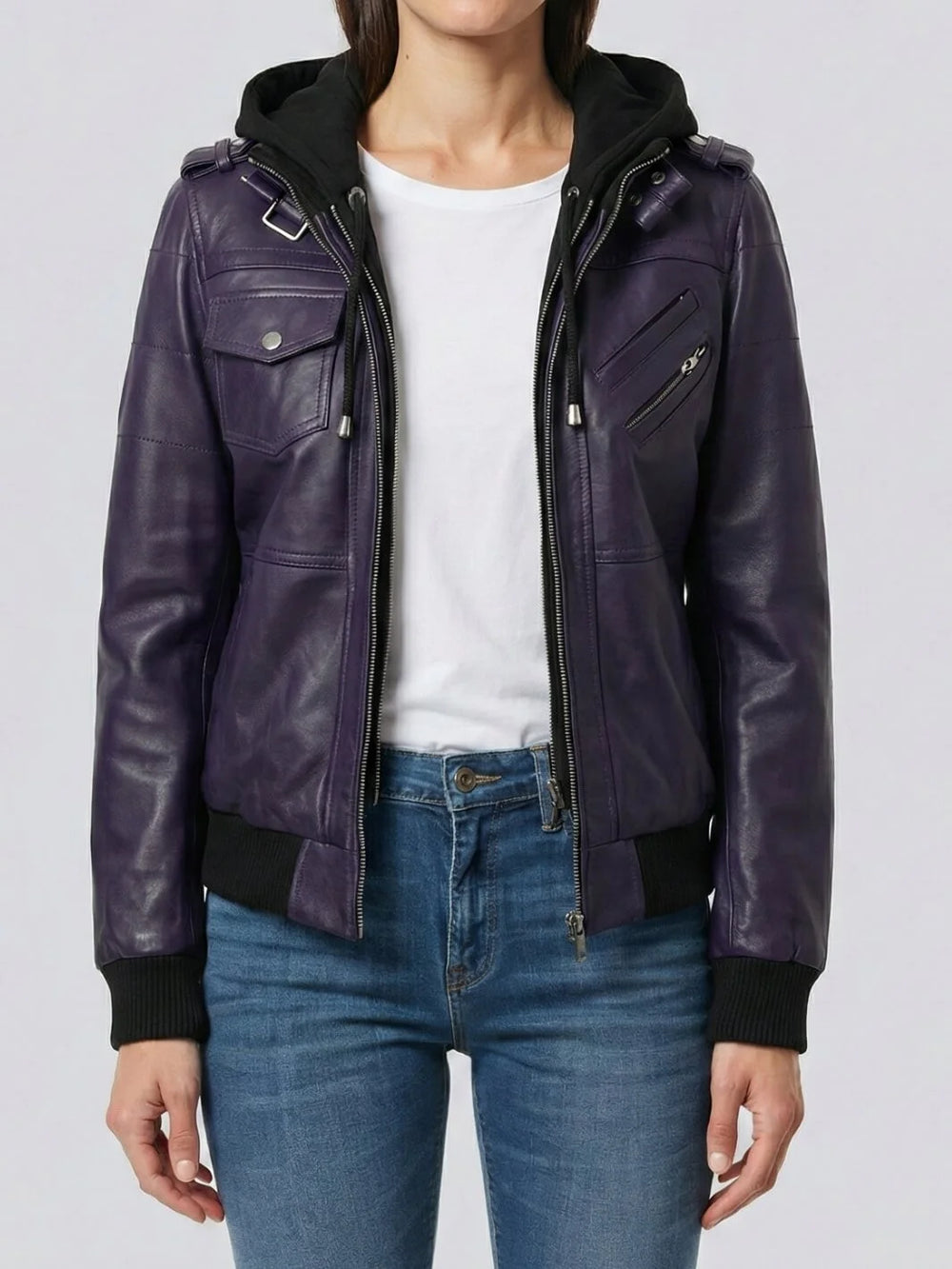Purple leather jacket with black hood worn by a person on a white background