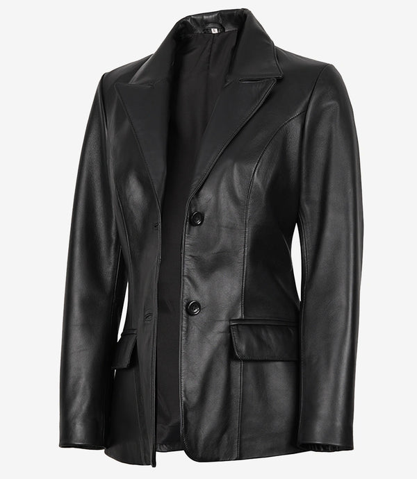 Women's Two Button Black Leather Blazer Jacket
