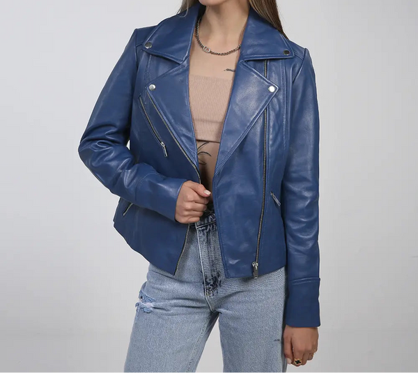 Women's stylish blue asymmetrical leather biker jacket