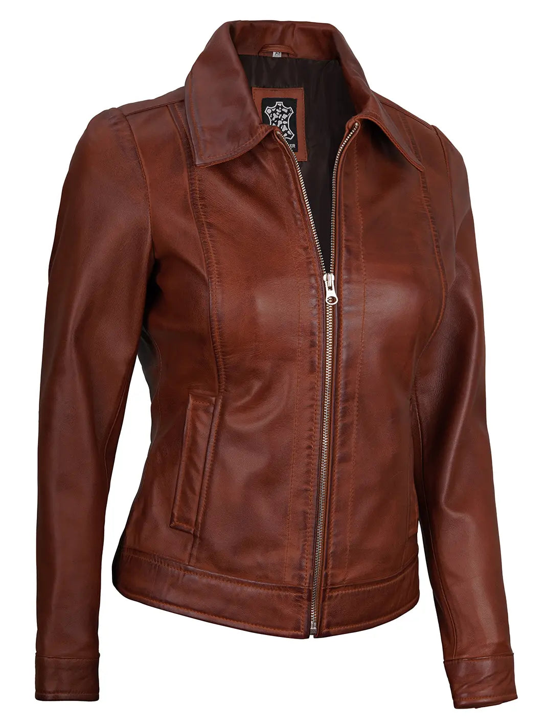 Women cognac leather jacket