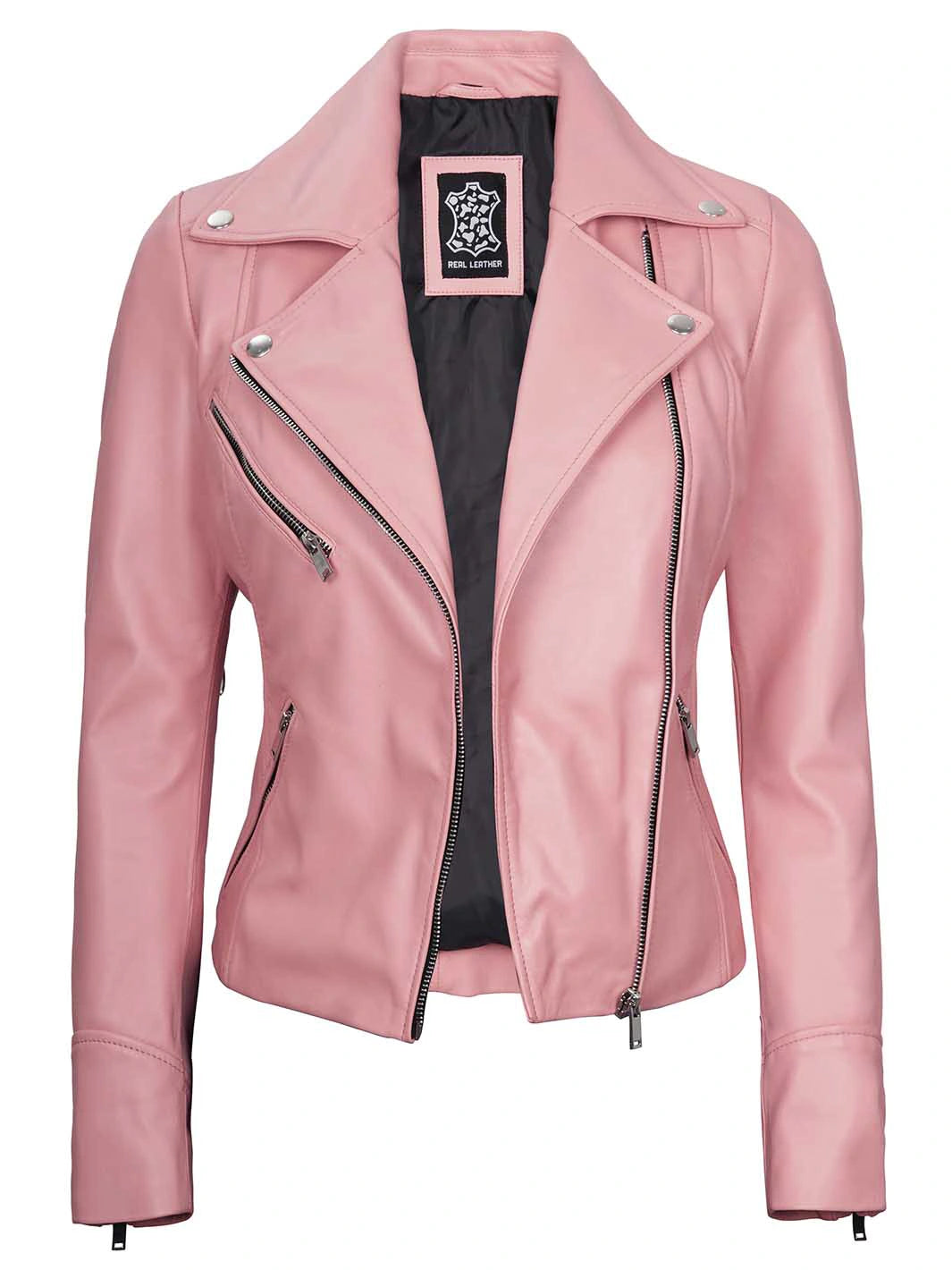 Women pink leather biker jacket