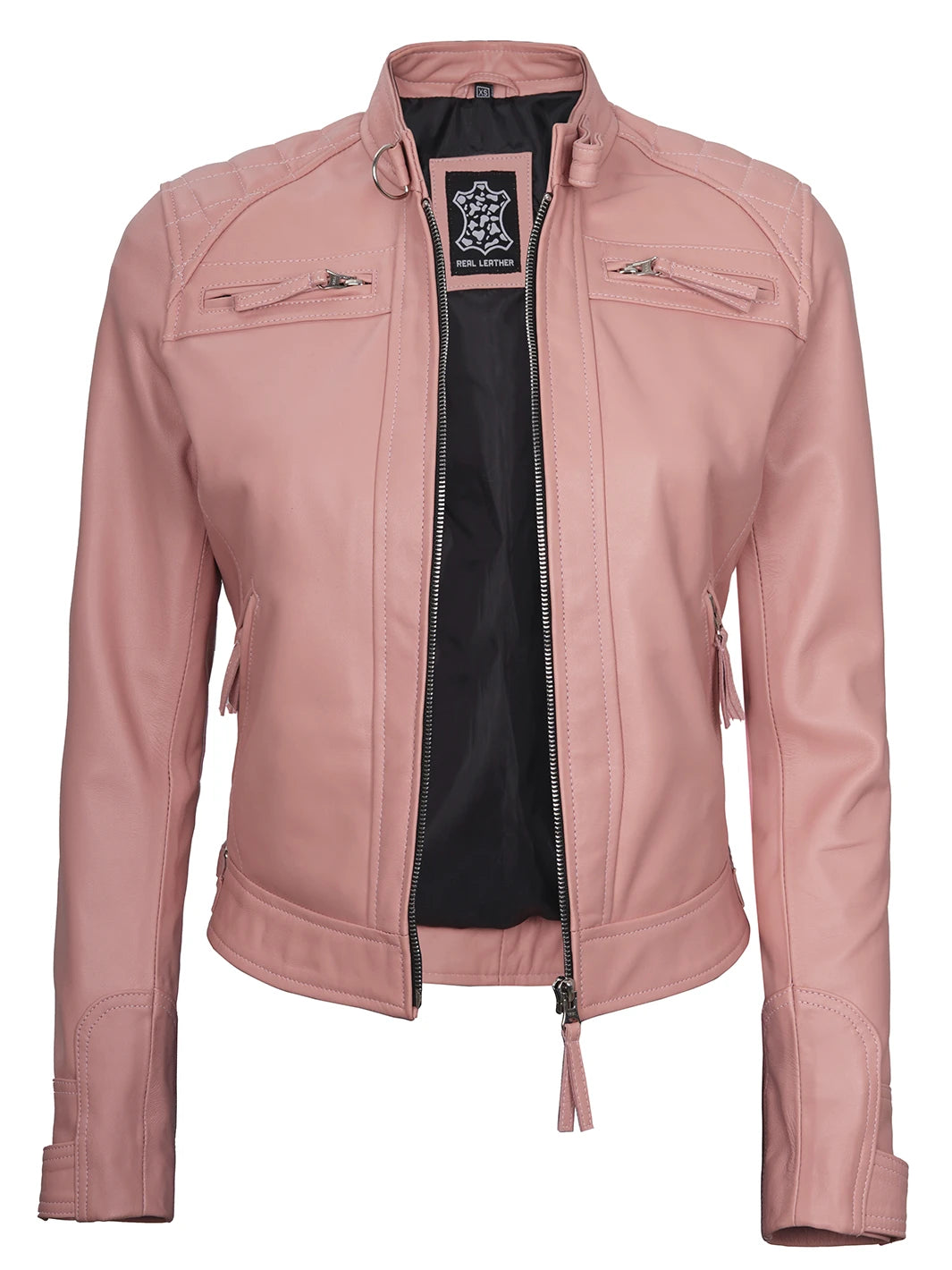 Women's pink quilted biker jacket made from real lambskin leather, front view, showcasing a stylish and edgy design with quilted detailing.