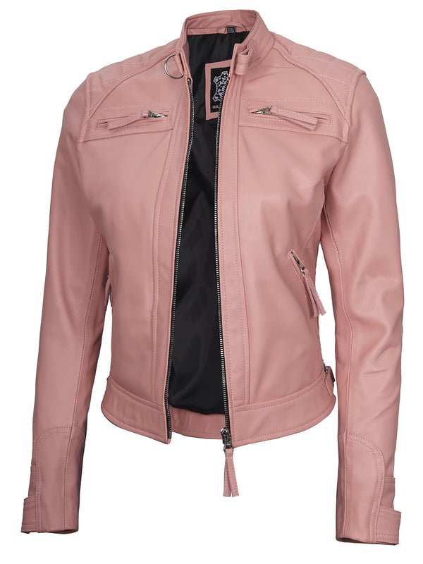 Women's pink quilted biker jacket, side view, highlighting the tailored fit and sleek silhouette.