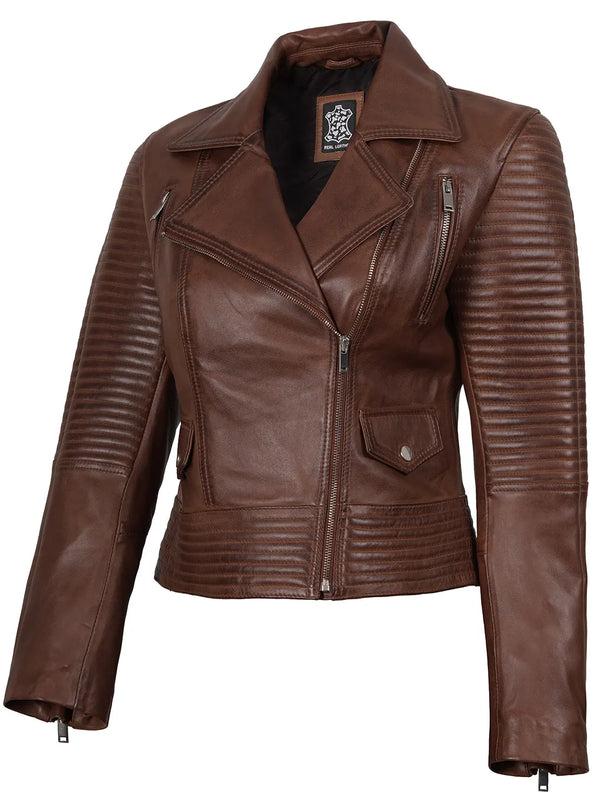 Womens Asymmetrical Cognac Wax Motorcycle Leather Jacket