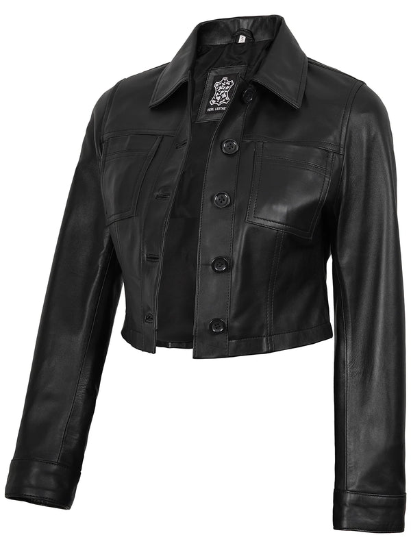 Womens Black Cropped Leather Jacket Shirt Collar