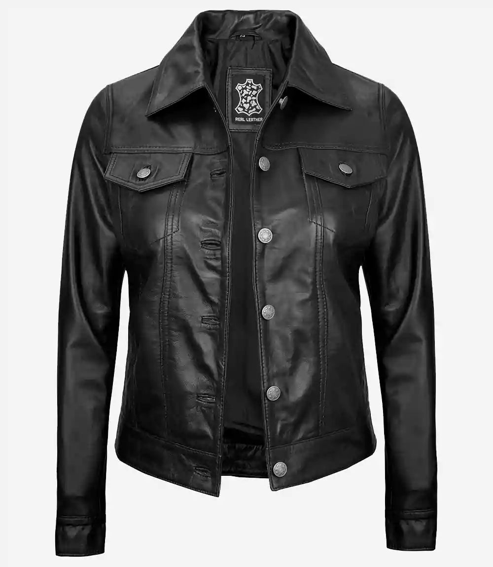 Womens Black Lambskin Leather Trucker Jacket