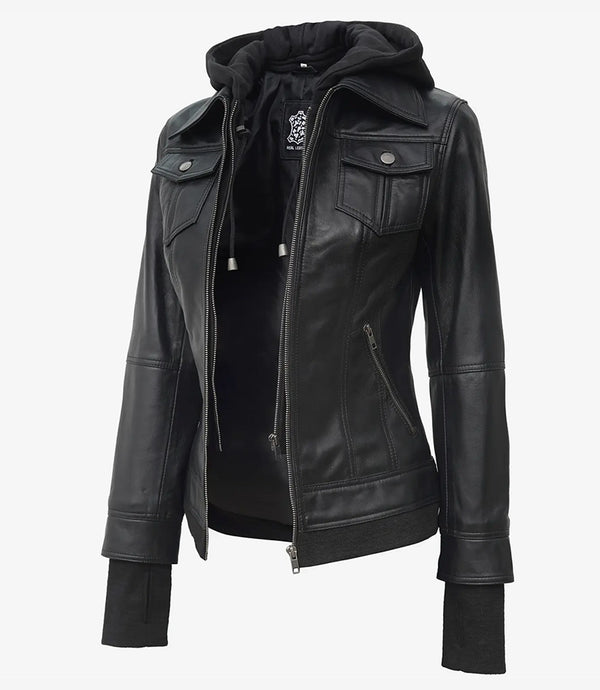 Womens Black Leather Bomber Jacket with Removable Hood