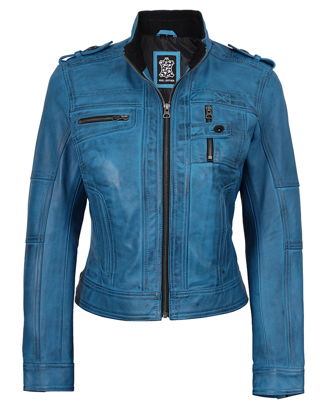 Womens Blue Real Biker Lambskin Leather Jacket