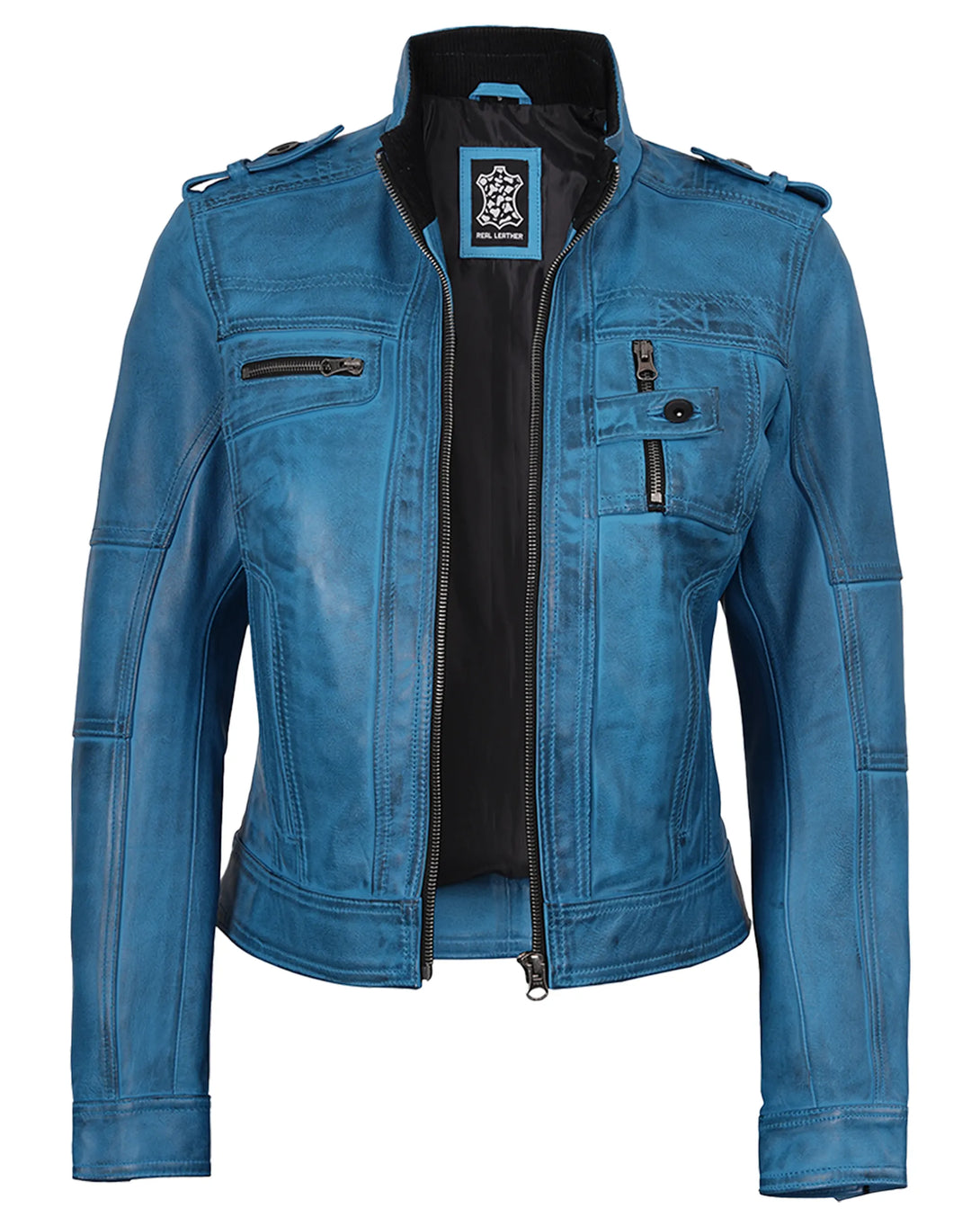 Womens Blue Real Leather Jacket Biker Style