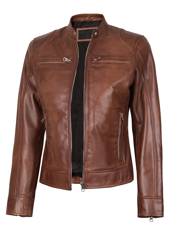 Dodge Womens Cognac Brown Motorcycle Leather Jackets