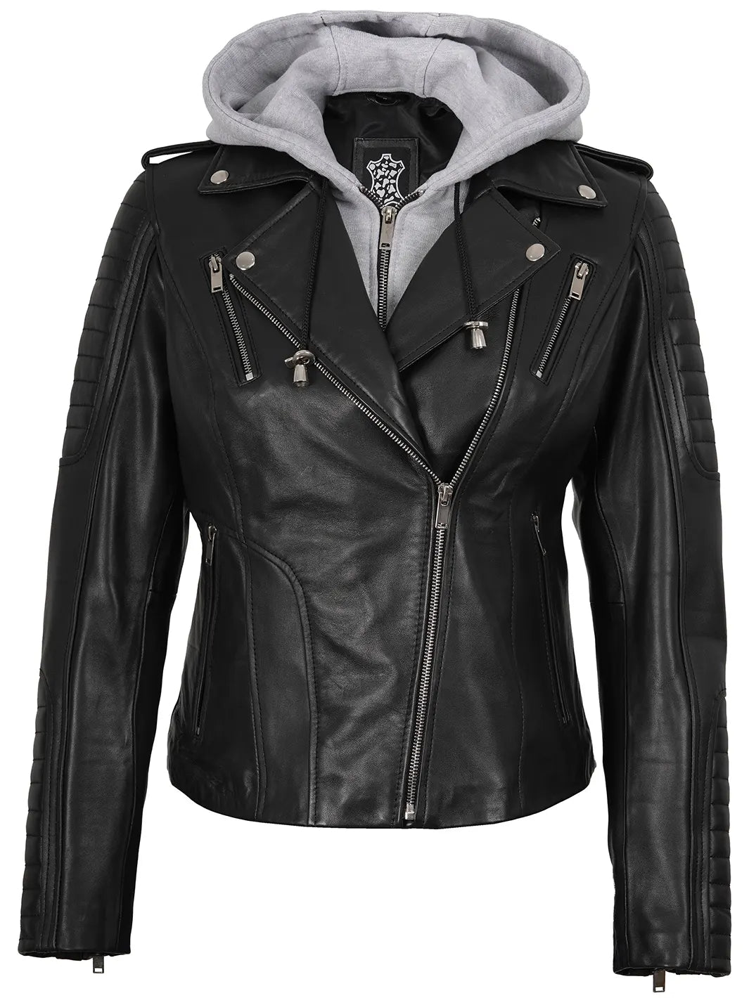 Womens Leather Black Biker Jacket With Removable Hood