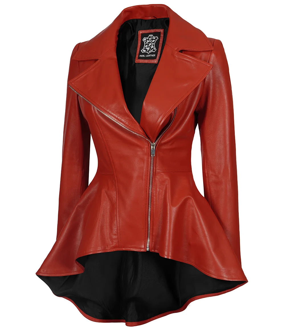 Womens Red Asymmetrical Peplum Leather Jacket