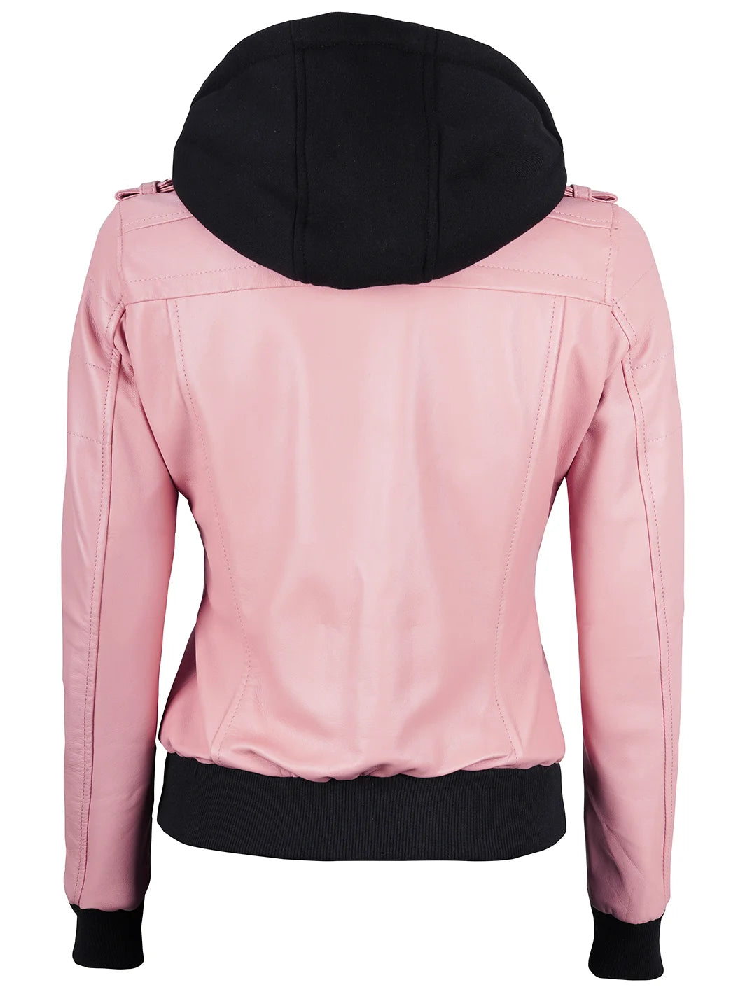 Women pink leather jacket with hood