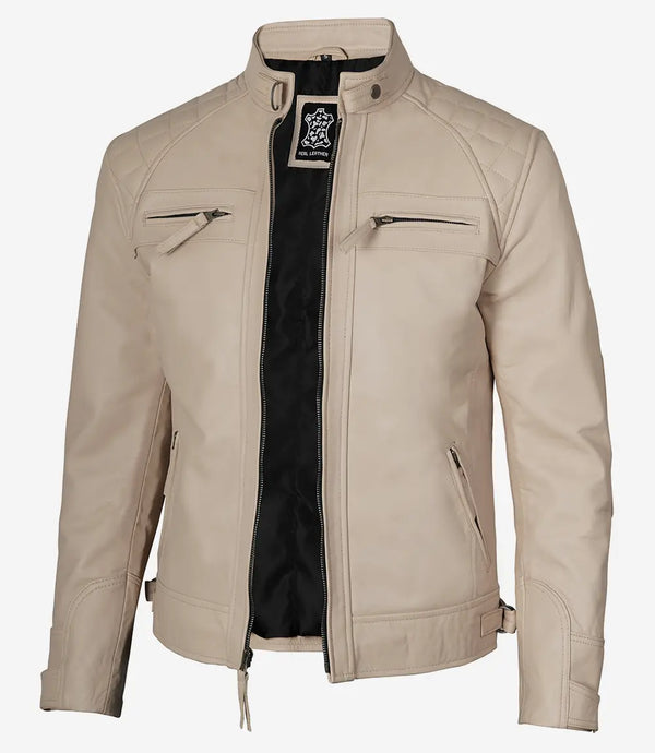Men's Beige Cafe Racer Leather Jacket