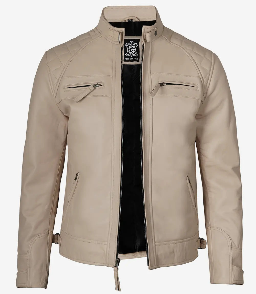 Men's Beige Cafe Racer Leather Jacket