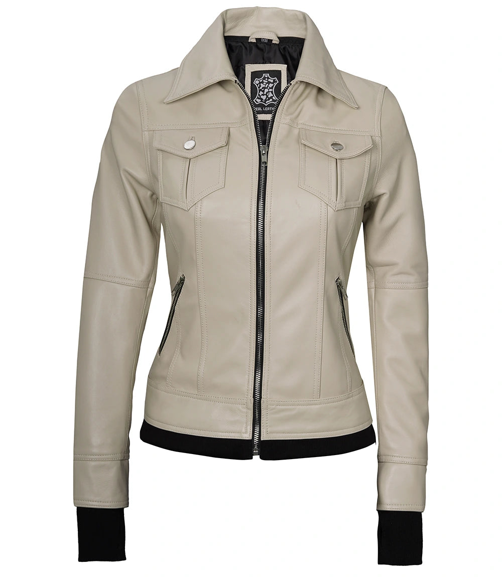 beige leather jacket womens