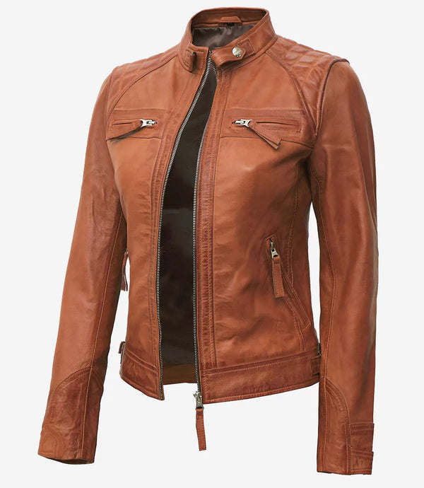Women's Cafe Racer Tan Brown Leather Jacket
