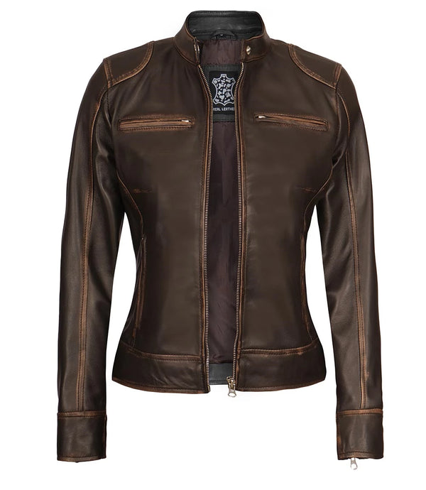 Dodge Women's Rub Off Brown Vintage Leather Jacket