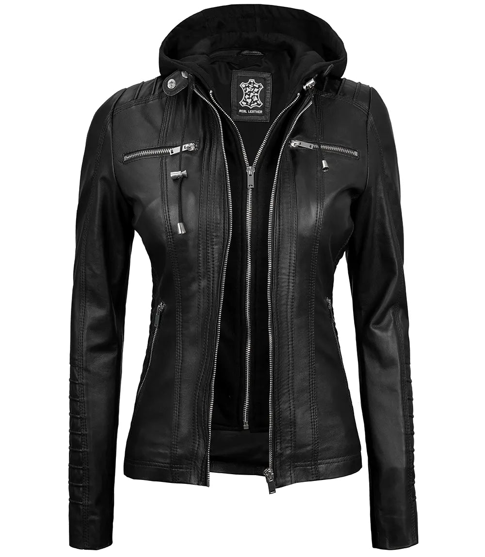 Black hooded leather jacket