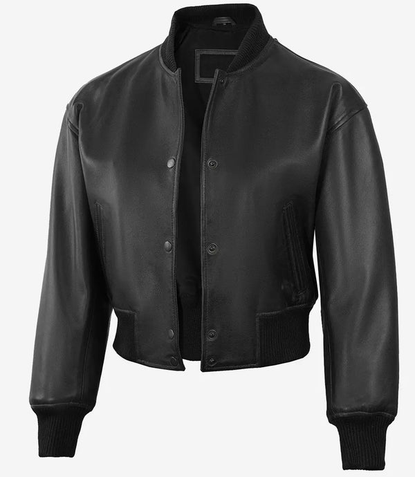 Womens Black Snap Button Cropped Leather Bomber Jacket
