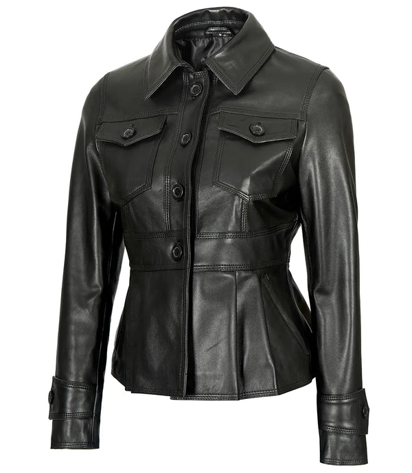 black short peplum leather jacket