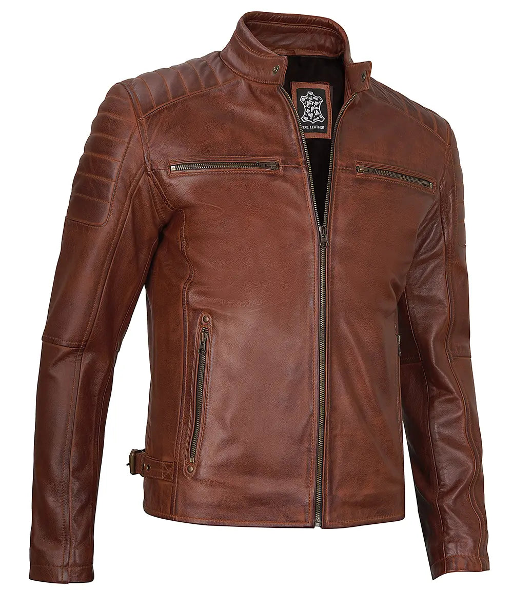 cognac cafe racer leather jacket