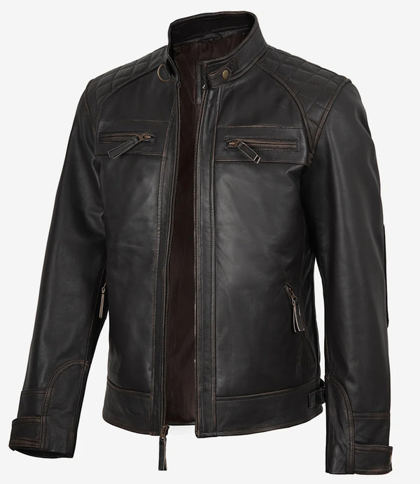Gilet en cuir marron à motif matelassé pour homme (taille grande) - style café racer