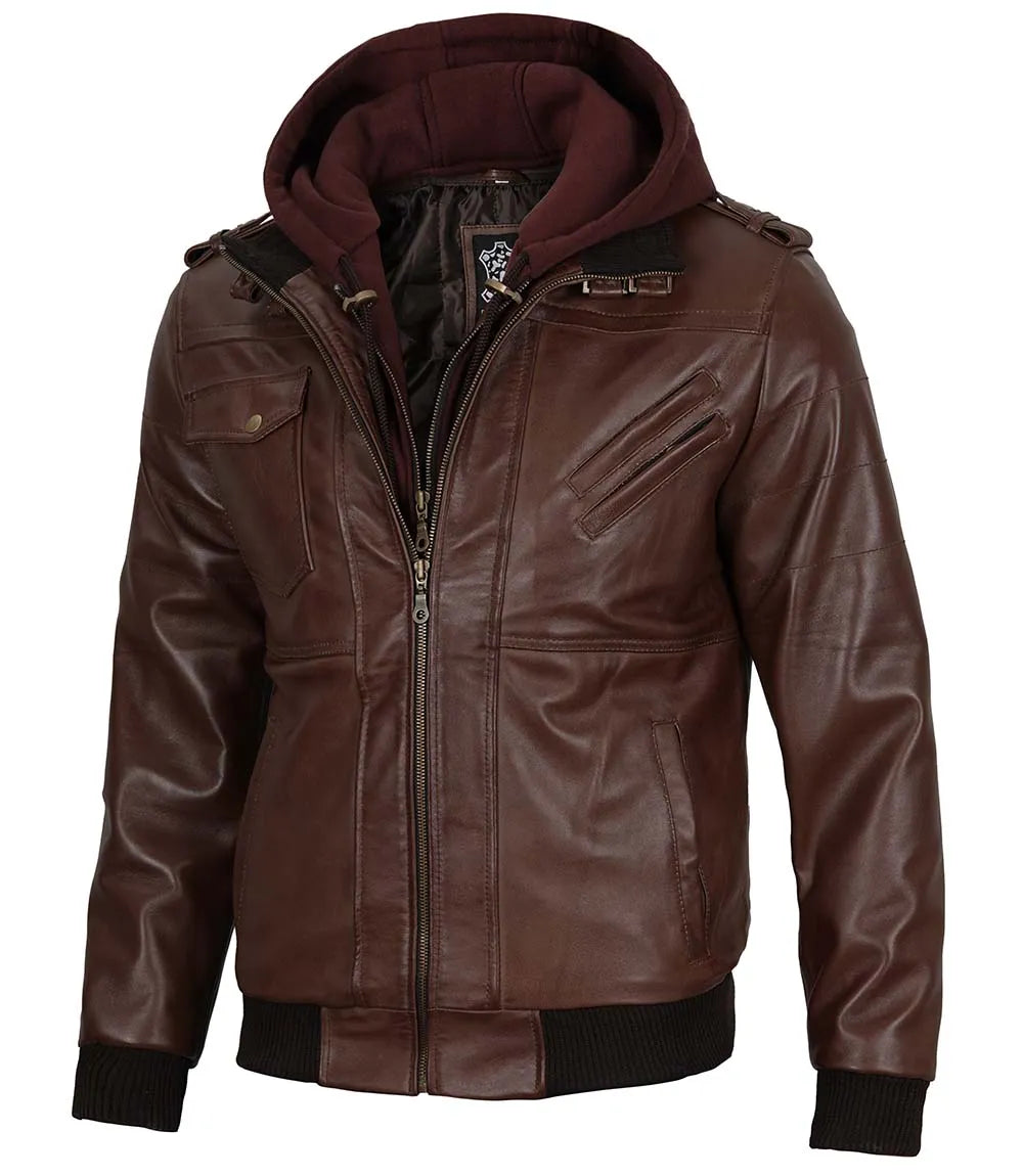 Dark Brown Leather Jacket with Hood