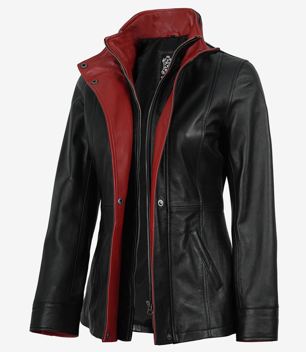 Women's Black Leather Jacket - Front