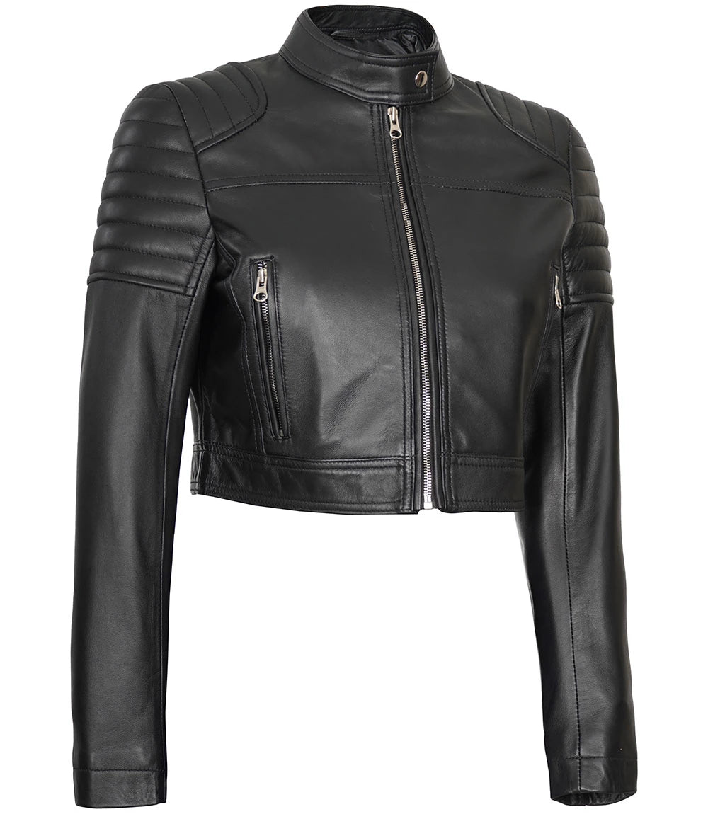 ladies black cropped leather jacket