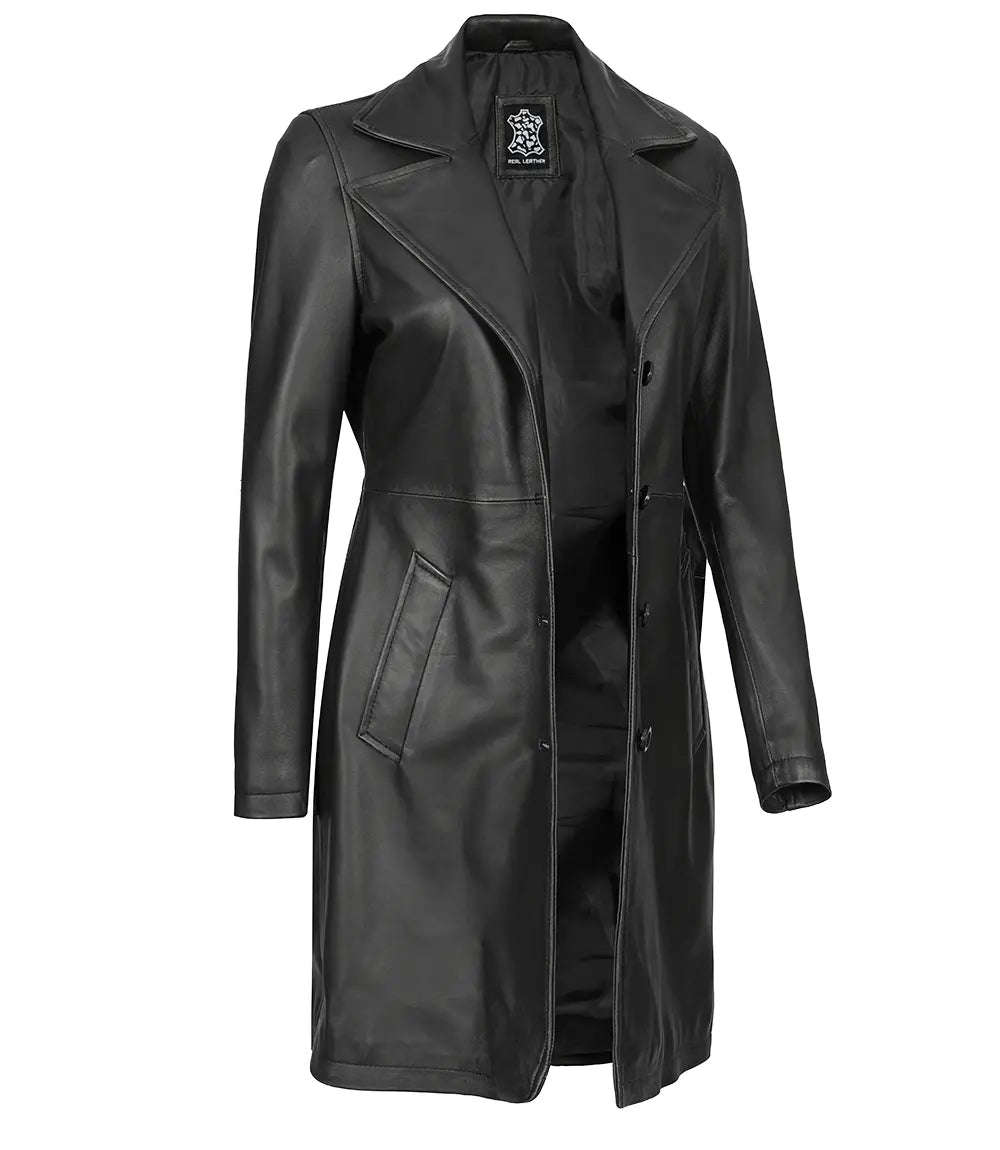 women tall leather 3/4 coat