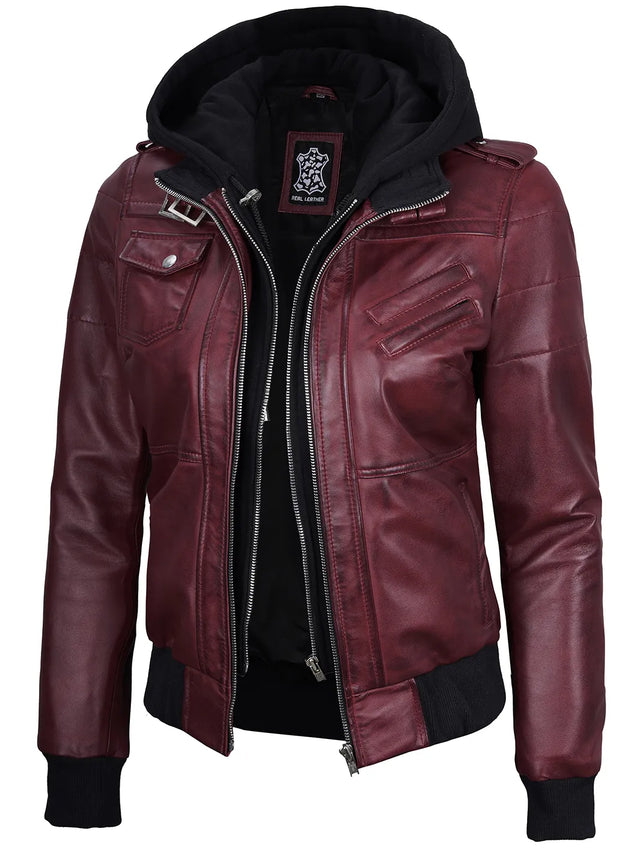 Veste en cuir à capuche amovible, bordeaux pour femme
