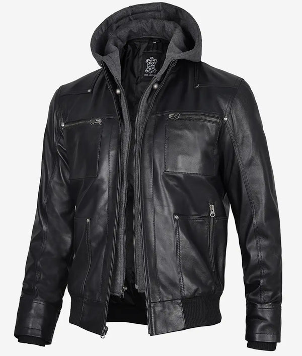 men black bomber leather jacket with hood