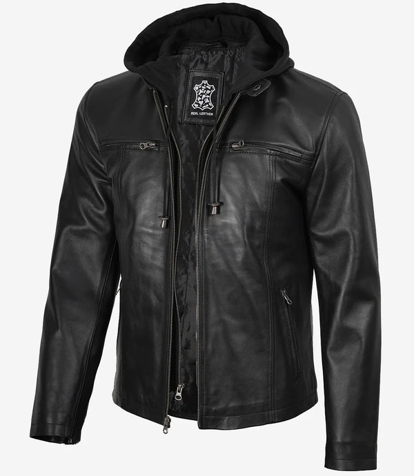 Jonathan Veste en cuir noir Cafe Racer pour homme avec capuche amovible 